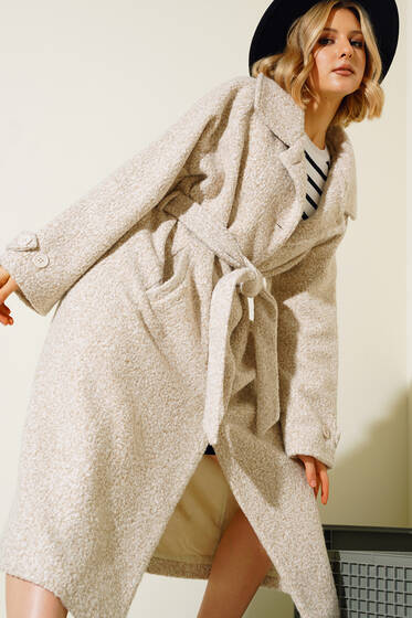 Kol Bantlı Belden Bağlamalı Kuşaklı Kaban Bej - Kadın Giyim Modelleri