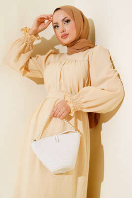 Kol Bileği Gipeli Kat Elbise Bej - Tesettür Elbise