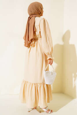 Kol Bileği Gipeli Kat Elbise Bej - Tesettür Elbise