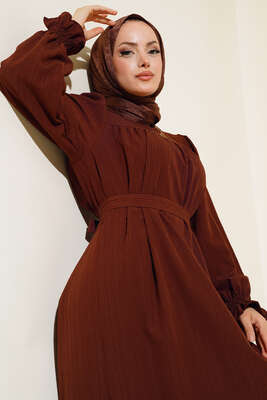 Kol Bileği Gipeli Kat Elbise Kahve - Tesettür Elbise