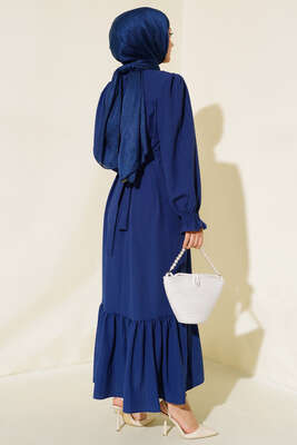 Kol Bileği Gipeli Kat Elbise Lacivert - Tesettür Elbise