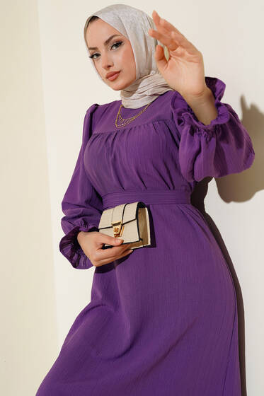 Kol Bileği Gipeli Kat Elbise Lila - Tesettür Elbise