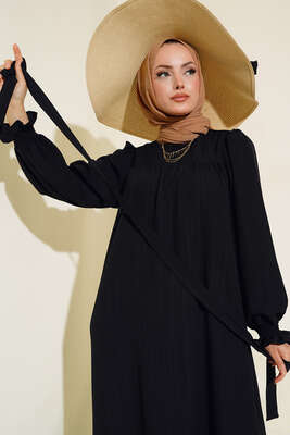 Kol Bileği Gipeli Kat Elbise Siyah - Tesettür Elbise