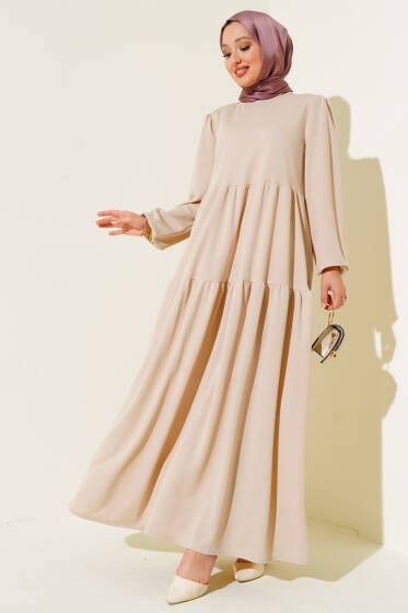 Kol Bileği Lastikli Kat Kat Elbise Bej - Elbise