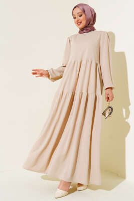 Kol Bileği Lastikli Kat Kat Elbise Bej 