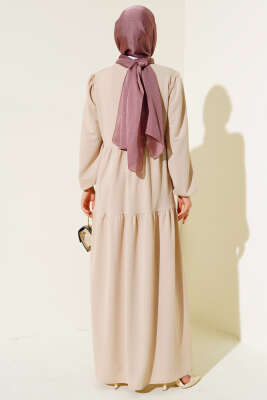 Kol Bileği Lastikli Kat Kat Elbise Bej - Tesettür Elbise