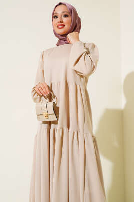 Kol Bileği Lastikli Kat Kat Elbise Bej - Tesettür Elbise