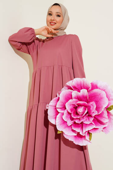 Kol Bileği Lastikli Kat Kat Elbise Gül Kurusu - Elbise