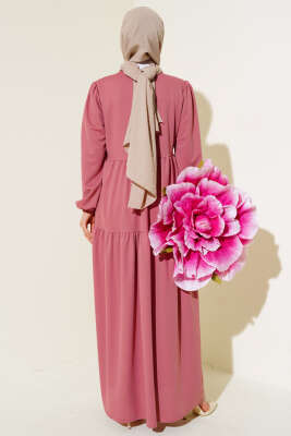 Kol Bileği Lastikli Kat Kat Elbise Gül Kurusu - Yılın Fırsatı