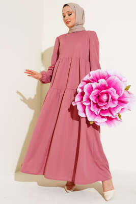 Kol Bileği Lastikli Kat Kat Elbise Gül Kurusu - Yılın Fırsatı