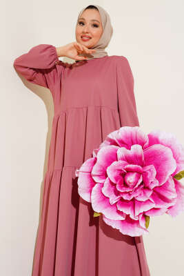 Kol Bileği Lastikli Kat Kat Elbise Gül Kurusu 