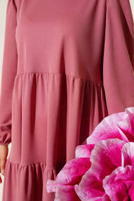 Kol Bileği Lastikli Kat Kat Elbise Gül Kurusu - Yılın Fırsatı