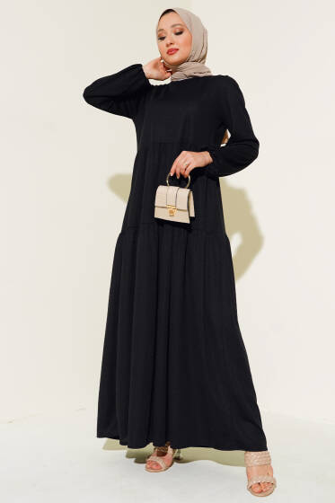 Kol Bileği Lastikli Kat Kat Elbise Siyah - Elbise