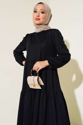 Kol Bileği Lastikli Kat Kat Elbise Siyah - Tesettür Elbise
