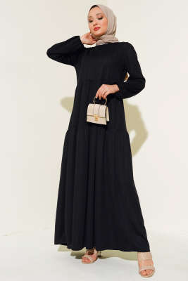 Kol Bileği Lastikli Kat Kat Elbise Siyah 