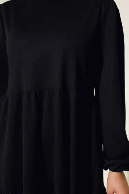 Kol Bileği Lastikli Kat Kat Elbise Siyah - Tesettür Elbise