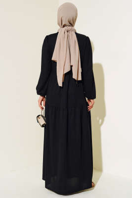 Kol Bileği Lastikli Kat Kat Elbise Siyah - Tesettür Elbise