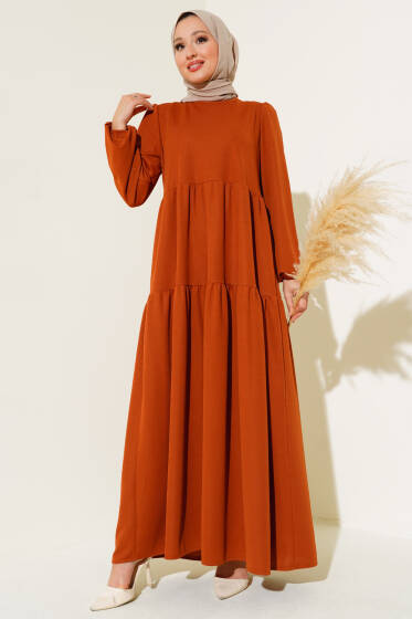 Kol Bileği Lastikli Kat Kat Elbise Taba - Elbise