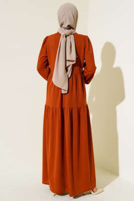 Kol Bileği Lastikli Kat Kat Elbise Taba - Tesettür Elbise