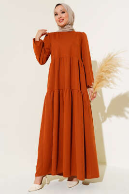 Kol Bileği Lastikli Kat Kat Elbise Taba - Tesettür Elbise