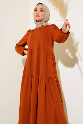 Kol Bileği Lastikli Kat Kat Elbise Taba - Tesettür Elbise