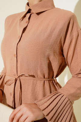 Kol Bileği Pileli Gömlek Latte - Yılın Fırsatı