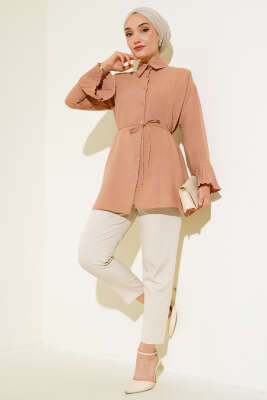 Kol Bileği Pileli Gömlek Latte - Yılın Fırsatı