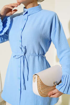 Kol Bileği Pileli Gömlek Mavi - Yılın Fırsatı