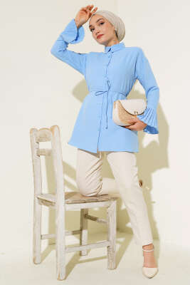 Kol Bileği Pileli Gömlek Mavi - Yılın Fırsatı