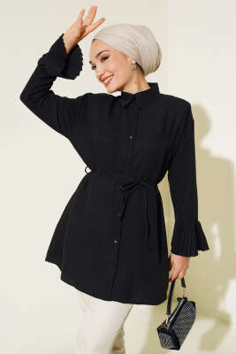 Kol Bileği Pileli Gömlek Siyah 