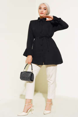 Kol Bileği Pileli Gömlek Siyah - Yılın Fırsatı