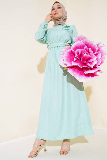 Kol Bilekleri Düğmeli Keten Elbise Mint - Tesettür Elbise