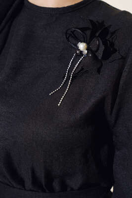 Kol Bilekleri Düğmeli Keten Elbise Siyah - Thumbnail