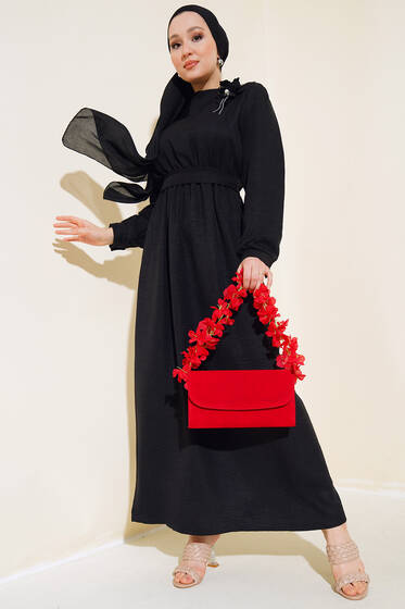 Kol Bilekleri Düğmeli Keten Elbise Siyah - Tesettür Elbise