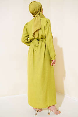 Kol Bilekleri Düğmeli Keten Elbise Yağ Yeşili - Thumbnail