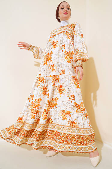 Kol Bilekleri Gipeli Desenli Elbise Hardal - Tesettür Elbise