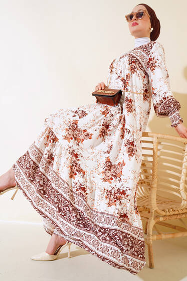 Kol Bilekleri Gipeli Desenli Elbise Kahve - Tesettür Elbise