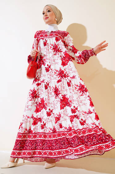 Kol Bilekleri Gipeli Desenli Elbise Kırmızı - Tesettür Elbise