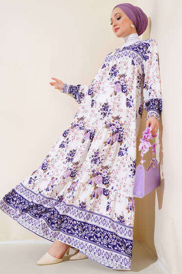 Kol Bilekleri Gipeli Desenli Elbise Lila - Tesettür Elbise