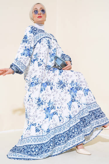 Kol Bilekleri Gipeli Desenli Elbise Mavi - Tesettür Elbise