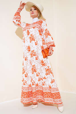 Kol Bilekleri Gipeli Desenli Elbise Oranj - Thumbnail