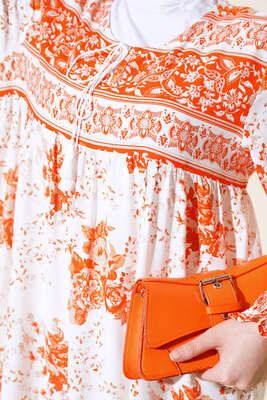 Kol Bilekleri Gipeli Desenli Elbise Oranj - Thumbnail