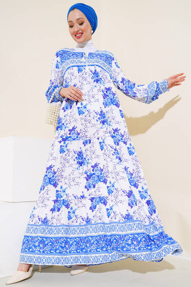 Kol Bilekleri Gipeli Desenli Elbise Saks - Tesettür Elbise