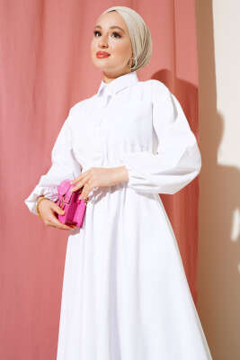 Kol Bilekleri Lastikli Boydan Düğmeli Elbise Beyaz - Tesettür Elbise