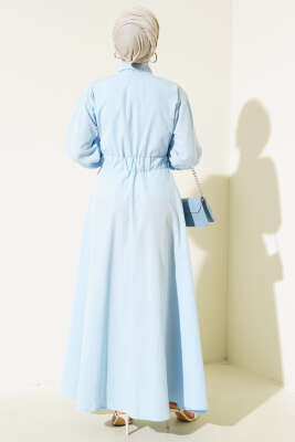 Kol Bilekleri Lastikli Boydan Düğmeli Elbise Mavi - Tesettür Elbise