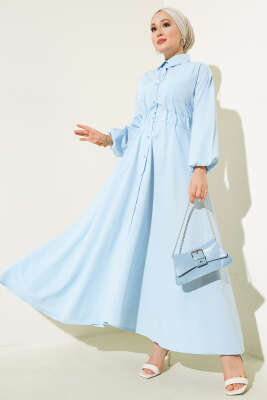 Kol Bilekleri Lastikli Boydan Düğmeli Elbise Mavi 