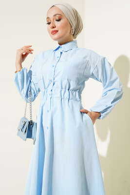 Kol Bilekleri Lastikli Boydan Düğmeli Elbise Mavi - Tesettür Elbise