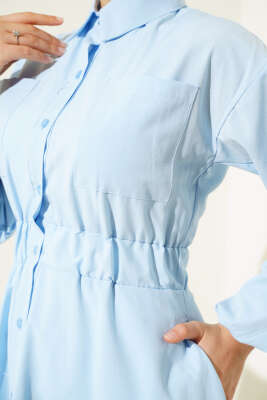 Kol Bilekleri Lastikli Boydan Düğmeli Elbise Mavi - Tesettür Elbise