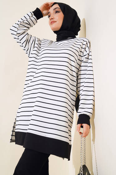 Kol Bilekleri Ribanalı Çizgili Tunik Beyaz - Tunik