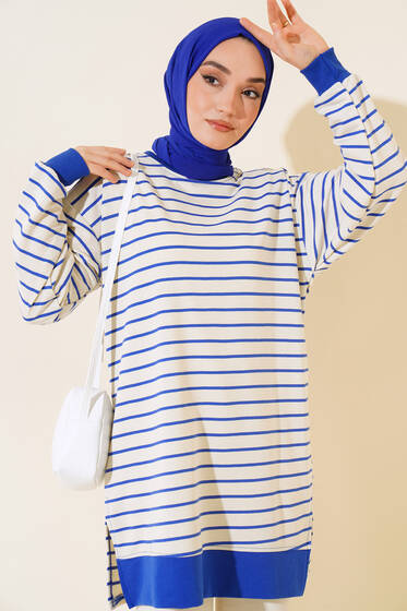 Kol Bilekleri Ribanalı Çizgili Tunik Saks - Tunik